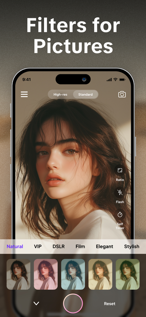 Photo Editor AI - Edit Photos - Interfaz de un smartphone mostrando varios filtros de belleza como Natural y DSLR aplicados a un retrato femenino