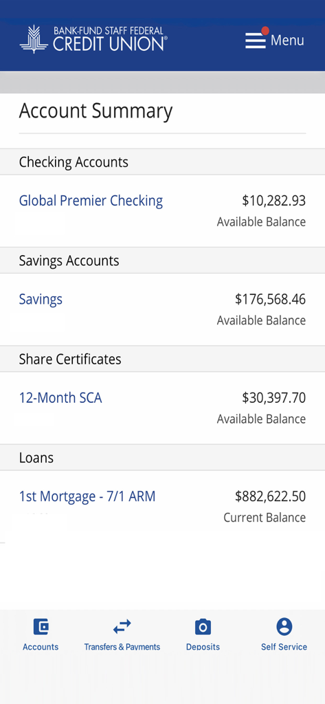 BFSFCU - Pantalla de resumen de cuenta de la aplicación de banca digital BFSFCU que muestra saldos para cuentas de cheques, ahorros e hipotecas