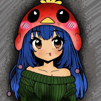 anime girl with chick shaped hat with sweater with bare shoulders with bangs covering them one eye with low tail