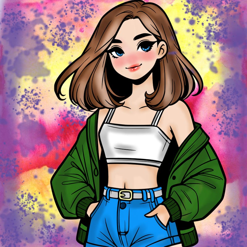 a realistic girl with a crop top and short shorts in an open jacket