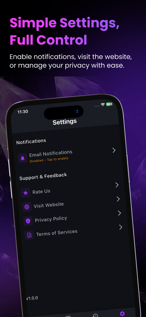Settings screen of the Temp Mail GG app in dark mode