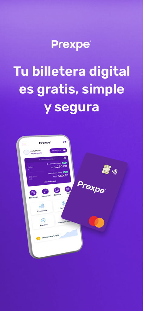 Prexpe - Cuenta digital - Interface of the Prexpe digital wallet mobile application showing account balances and its purple Mastercard