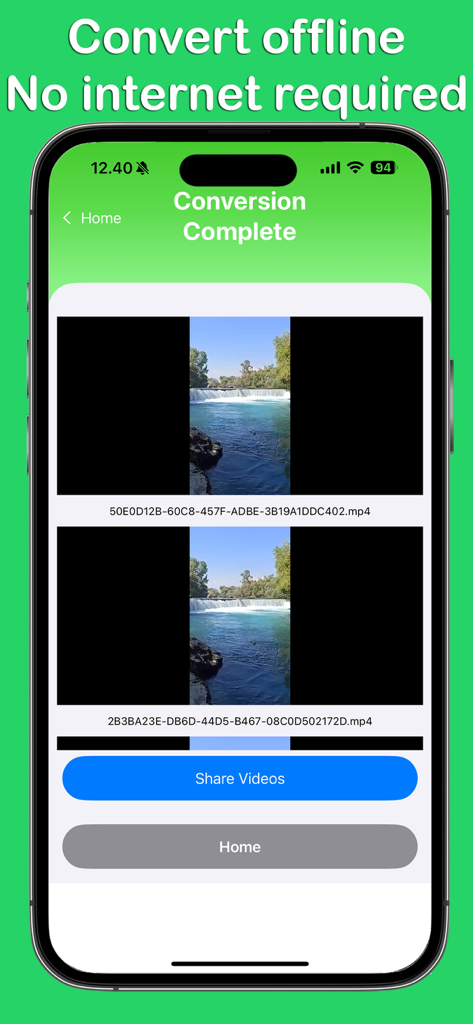 Screenshot der MKV in MP4 Konverter App, die den Bildschirm mit abgeschlossener Konvertierung im Offline-Modus auf dem iPhone anzeigt.