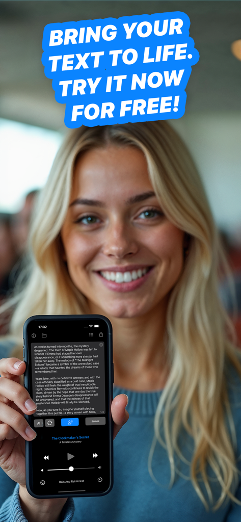Una donna sorridente tiene uno smartphone che mostra l'interfaccia dell'app di sintesi vocale FreeTTS