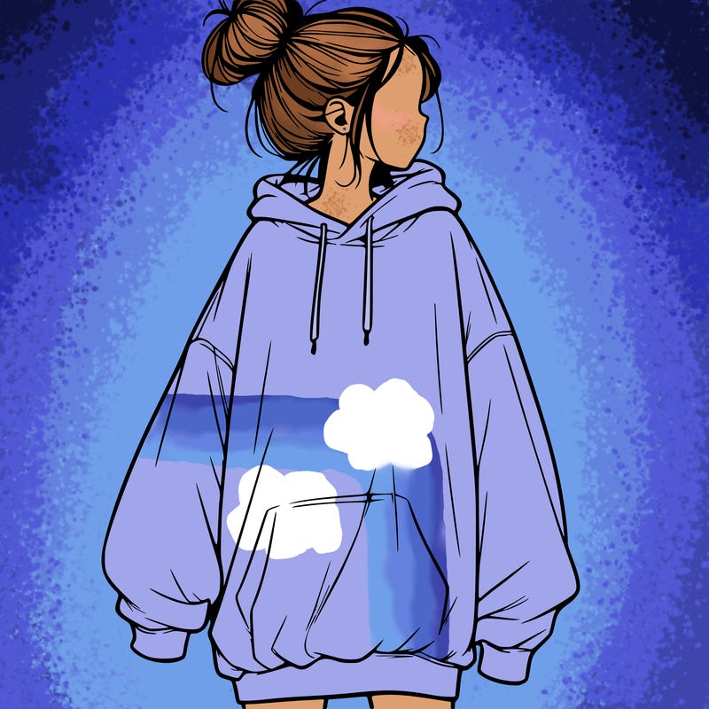 realistic girl with a oversized sweatshirt on and a bun