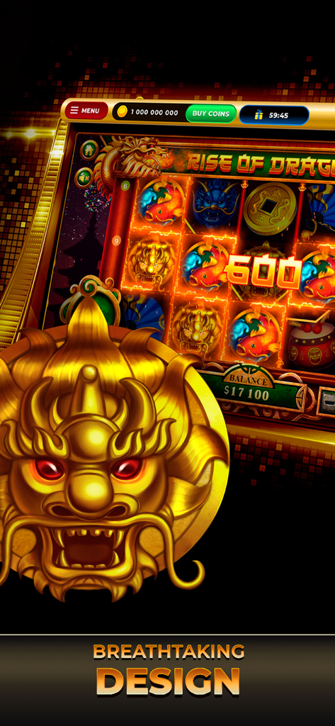 Clickfun: Casino & Slots Mania - Rise of Dragon slot game interface with a golden dragon head and breathtaking design text