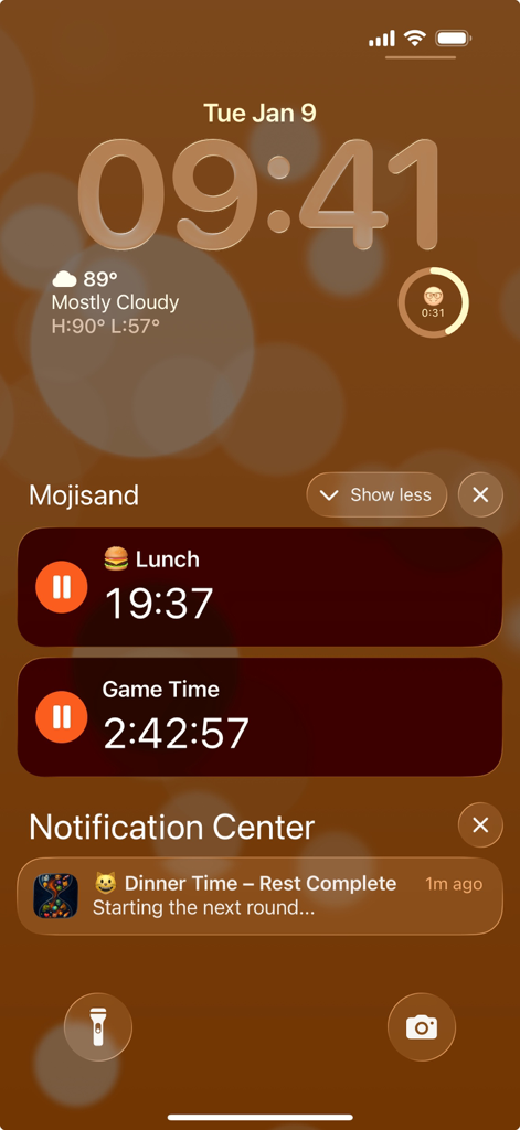 Mojisand: Emoji Sand Timers - Mojisand app timers and notifications displayed on an iPhone lock screen using Live Activities.