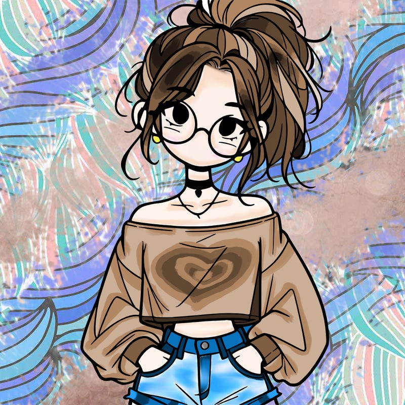 girl with a messy ponytail glasses a baggy crop top and jean shorts