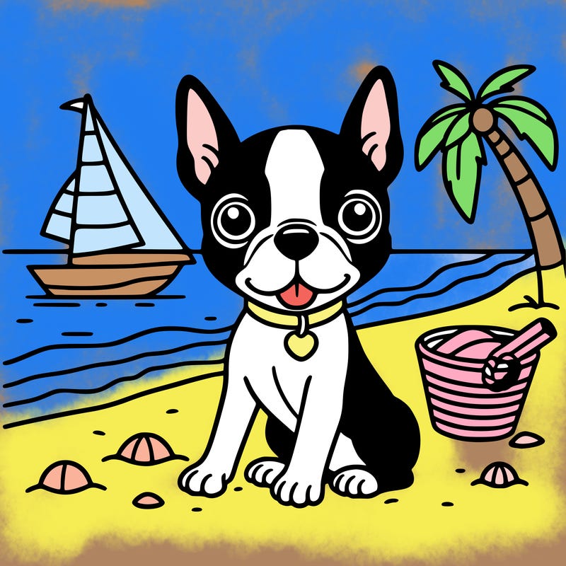 boston terrier on the beach