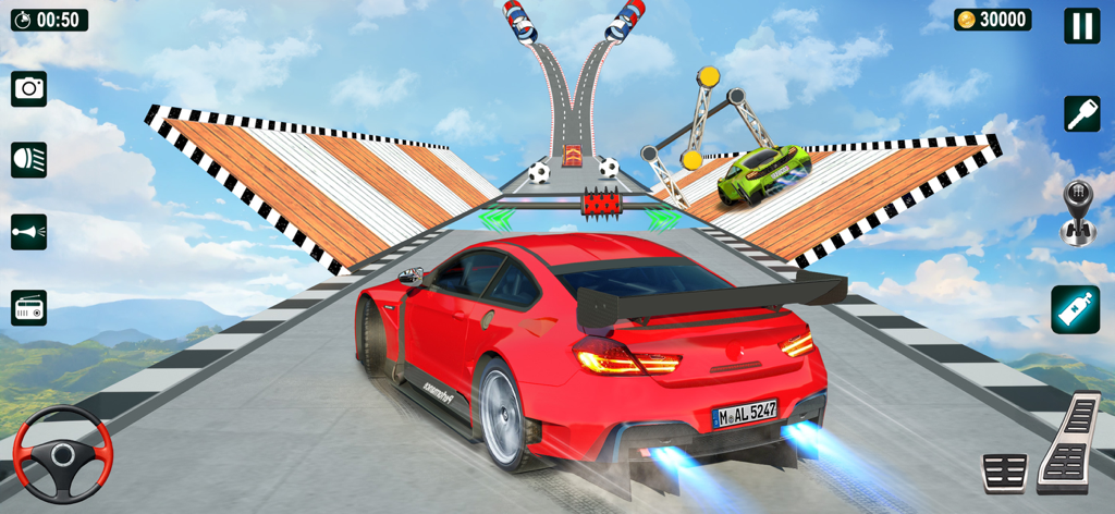 GT Car Stunt Driving Game - Red sports car performing stunts on a mega ramp in a high altitude driving game