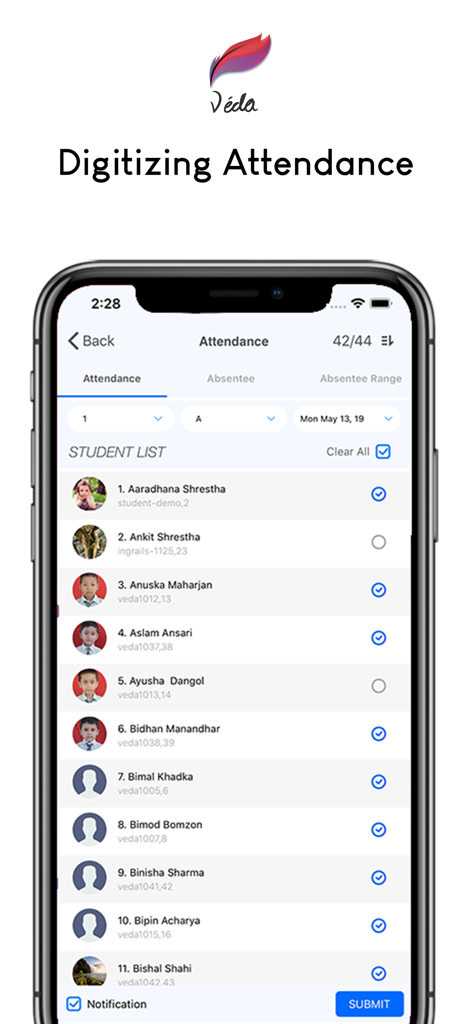A smartphone displaying the digital attendance feature of the Veda Guru app with a list of students and checkboxes.
