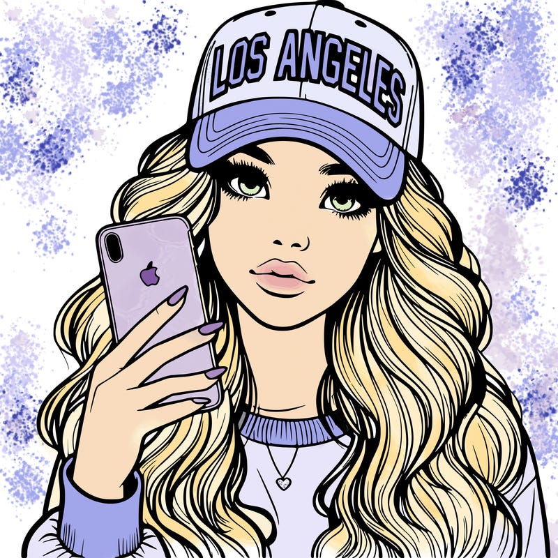 realistic beautiful girl wearing los ángeles cap holding an iphone