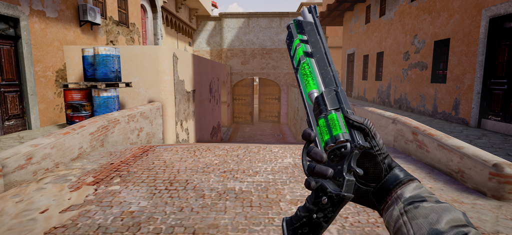 Special Forces Group 3 - First person view of SFG 3 gameplay featuring a customized weapon with glowing green energy elements