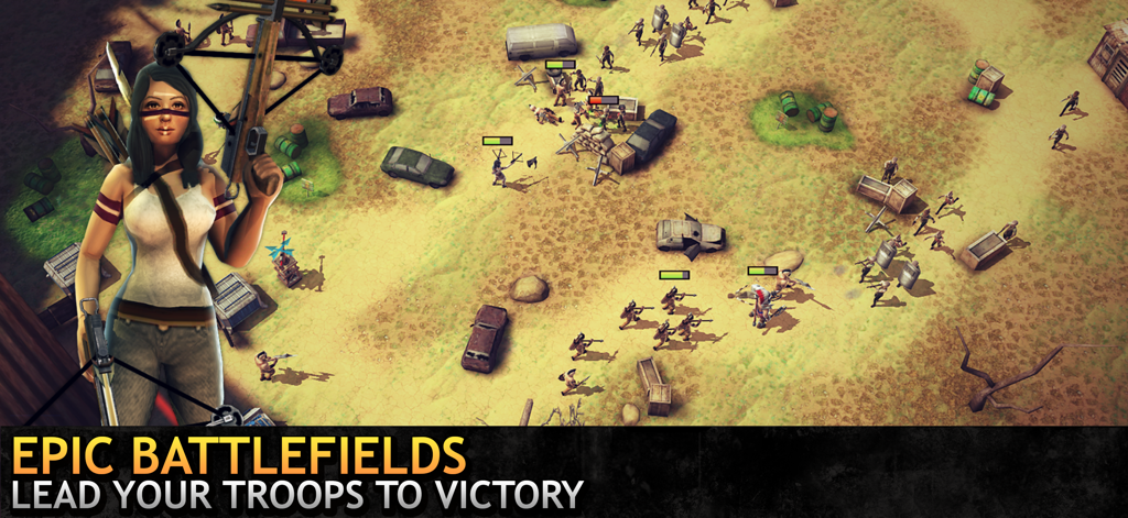 Last Hope TD - A screenshot of Last Hope TD showing the Scout hero with a crossbow and troops fighting zombies in a 3D wasteland battlefield.