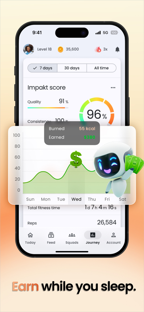 Impakt AI Fitness Gym, Rewards - Impakt AI fitness app interface showing activity tracking and earnings rewards