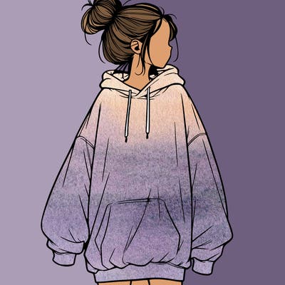 realistic girl with a oversized sweatshirt on and a bun