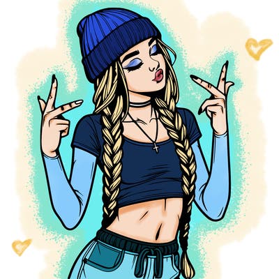 realistic teenage girl with braids and a beanie and crop top doing 🫶🏼