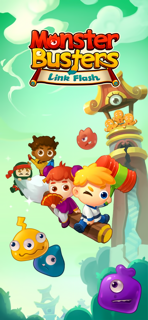 Monster Busters Link Flash game splash screen featuring cartoon heroes and colorful monsters