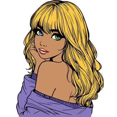 realistic girl with bangs looking over her shoulder