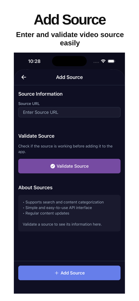 Écran d'ajout de source dans l'application SunPlay montrant les options pour entrer et valider une URL de source vidéo.