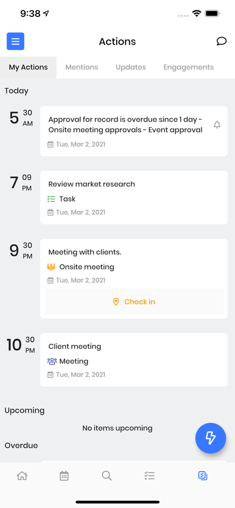 Vtiger CRM Mobile - Vtiger CRM 모바일 앱 인터페이스에 일일 작업, 회의 및 체크인 기능 일정과 함께 내 작업 대시보드 표시.