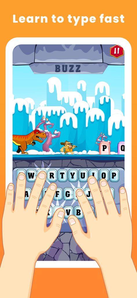 Typing Practice - Dino Hunting - Educational game screen showing hands typing on a keyboard to help a caveman escape a dinosaur