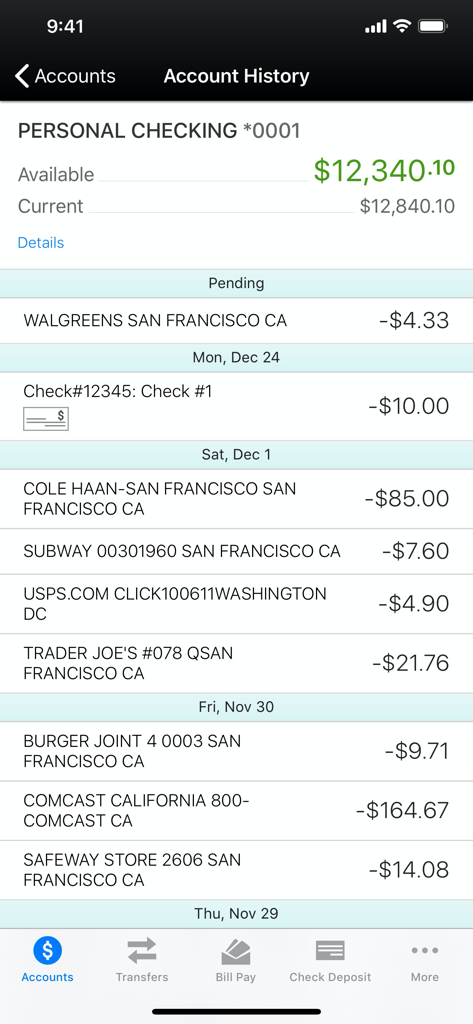 Benutzeroberfläche der Associated Credit Union Mobile App, die den Transaktionsverlauf und die letzten Transaktionsdetails eines persönlichen Girokontos anzeigt