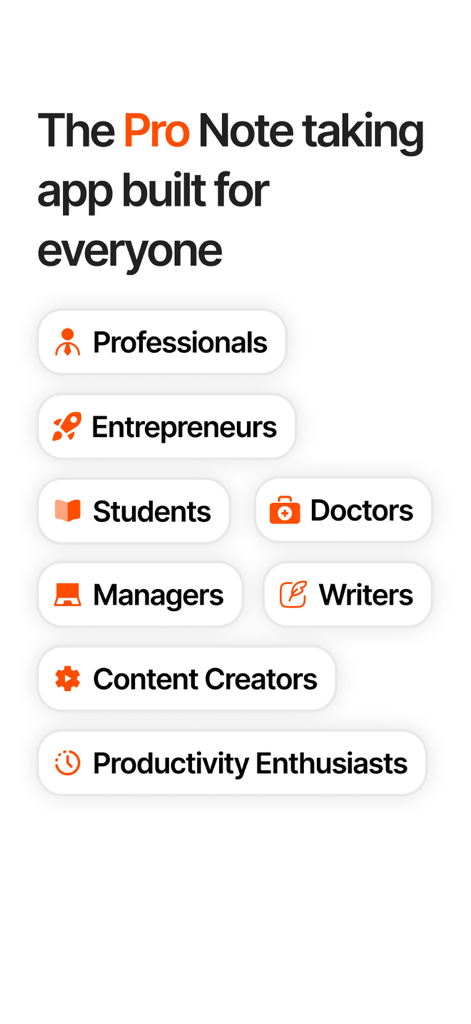 Audionotes: Audio Notes AI - Uma lista de categorias de usuários-alvo para o aplicativo de anotações com IA Audionotes, incluindo profissionais, estudantes e empreendedores.