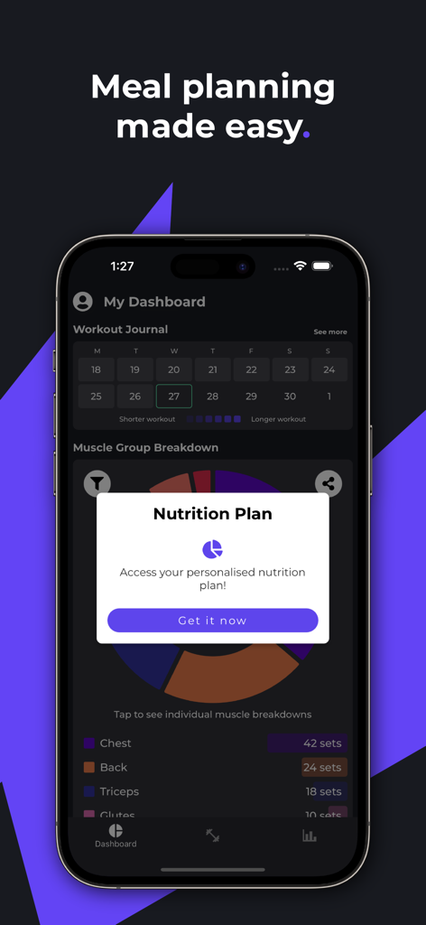 MyARC Fitness app dashboard showing muscle group breakdown and nutrition plan pop up