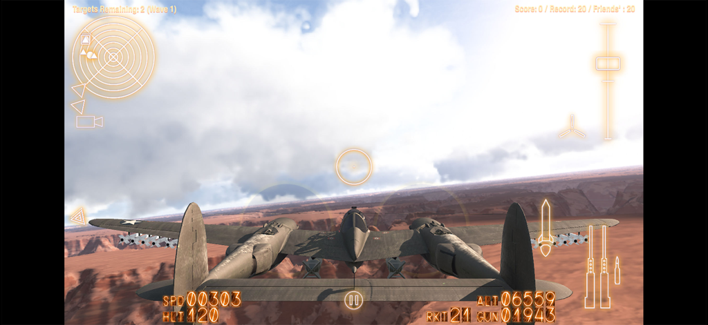 Alliance: Air War - Gameplay screenshot of a WWII fighter plane flying through a desert canyon in the Alliance Air War mobile game.
