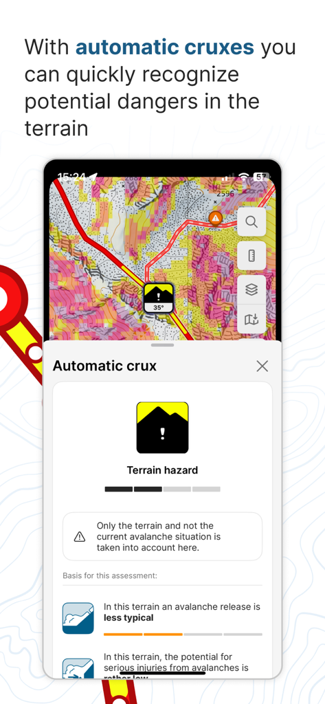 White Risk app interface showing the automatic crux feature identifying terrain hazards on a topographic ski tour map