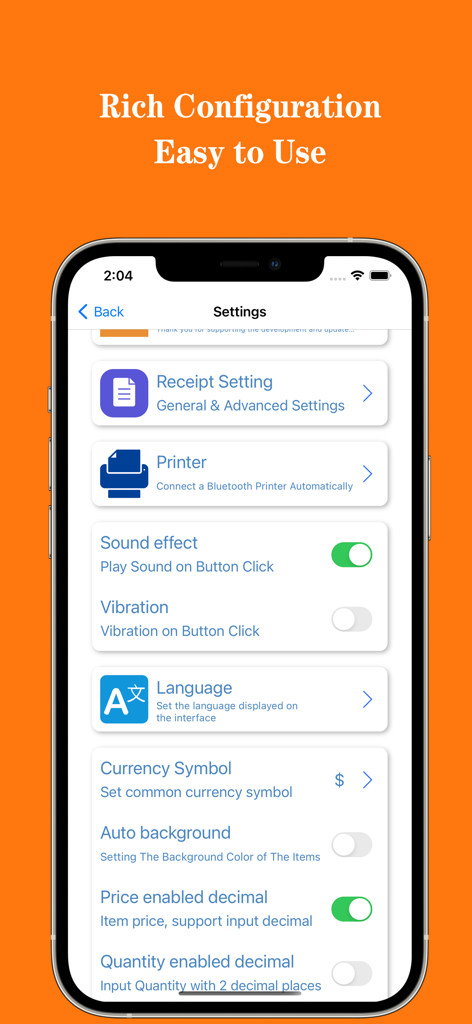 TinyPOS:Make & Print Bills - TinyPOS app settings screen for configuring receipts and bluetooth printers