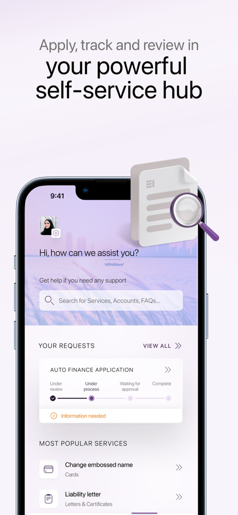 Emirates Islamic EI+ mobile app self-service hub for tracking applications and requests