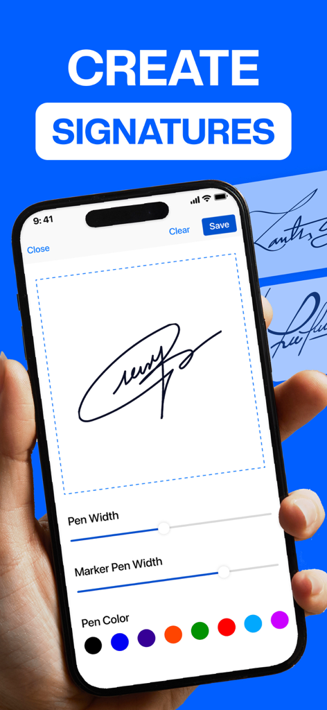 Interface for creating and customizing a digital signature on a mobile device with pen width and color tools