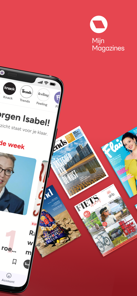 Mijn Magazines App auf einem Smartphone, das verschiedene Magazincover wie Trends und Flair auf rotem Hintergrund anzeigt.