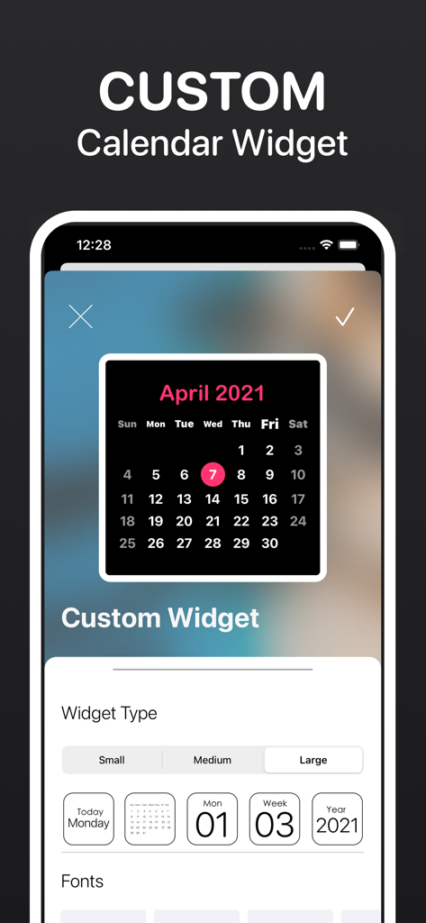 Calendar Widget - Date Widgets - An iPhone interface showing customization options for a dark aesthetic calendar widget with different size and font settings