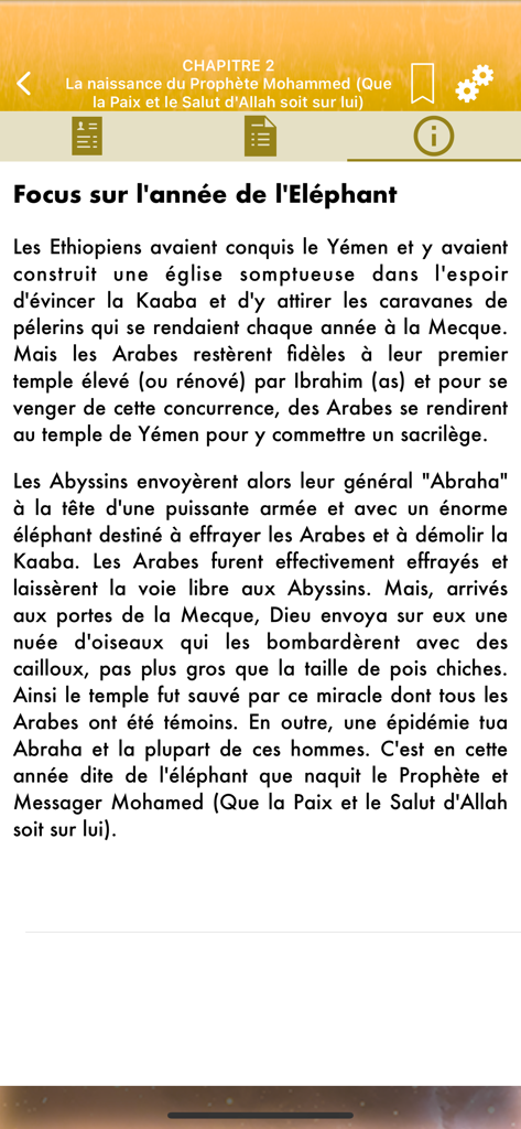 Texto en francés que describe el nacimiento del Profeta Mahoma en la aplicación As-Sira.