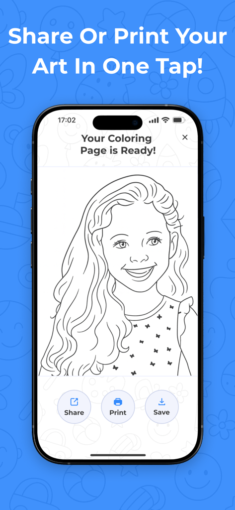 Sketchfy: Coloring Book Maker - 완료된 여자아이 얼굴의 라인 드로잉이 표시된 아이폰 화면, 맞춤 색칠 페이지 공유, 인쇄 또는 저장을 위한 원탭 버튼.
