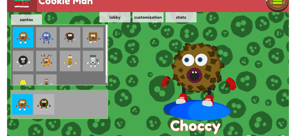 Cookies vs. Claus - Pantalla de personalización de personajes de Cookies vs Claus con Choccy la galleta