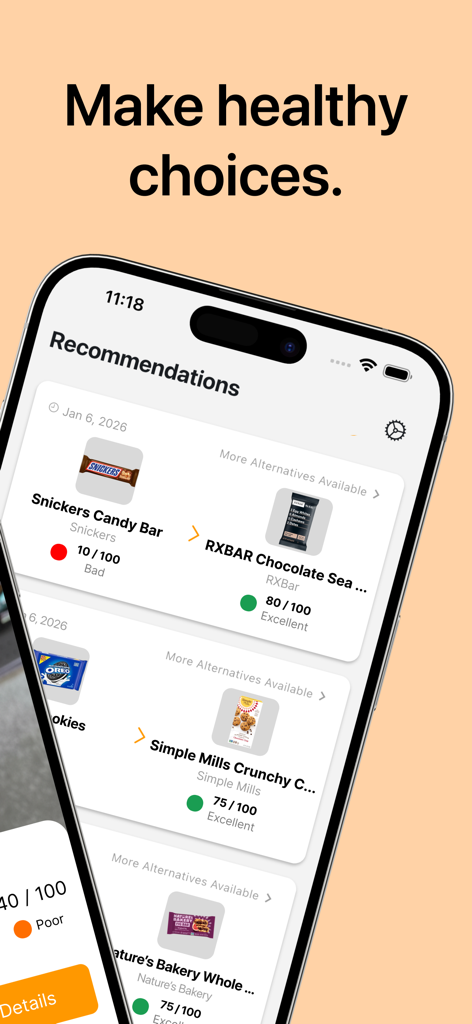 Smartphone screen showing the Bite app comparing nutrition scores of snacks to recommend healthier alternatives like RXBAR over Snickers.