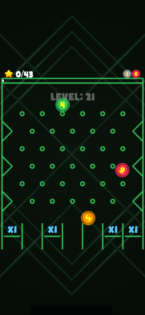 Ball Drop for Watch & Phone - Gameplay of Ball Drop for Watch and Phone showing numbered balls falling through a neon green peg board