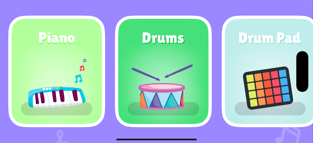 Lil rockstar: Kids Music Games - Instrument selection menu showing piano drums and drum pad icons in the Lil Rockstar app