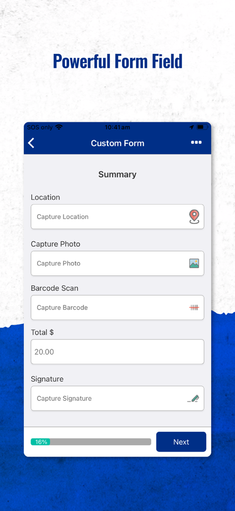 Simpro Digital Forms - A screenshot of the Simpro Digital Forms app showing custom data entry fields for location photos barcodes and signatures
