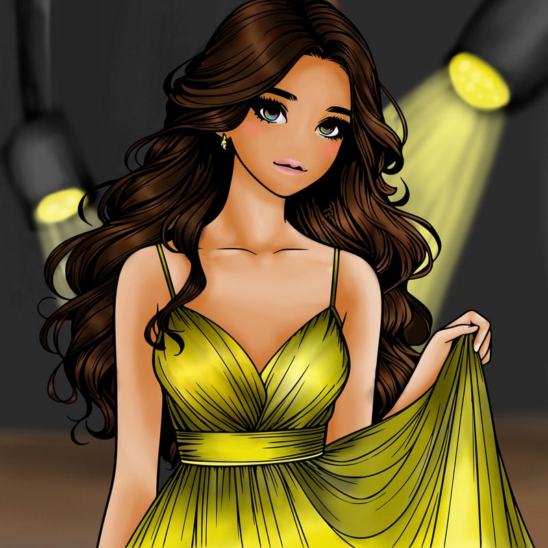 realistic girl in flowy silky prom dress