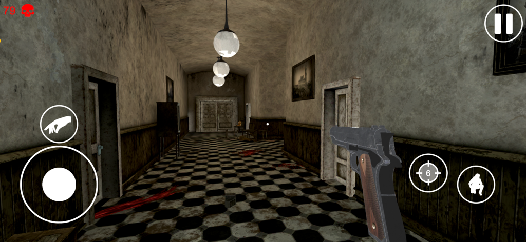 Scary Hospital Horror - First-person perspective of a player holding a gun in a dark haunted hospital hallway with blood stains on a checkered floor