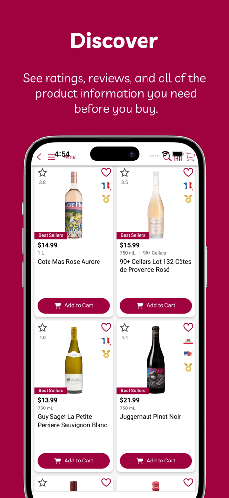 LeVino Wine Merchants app product grid showing various wines with ratings and prices