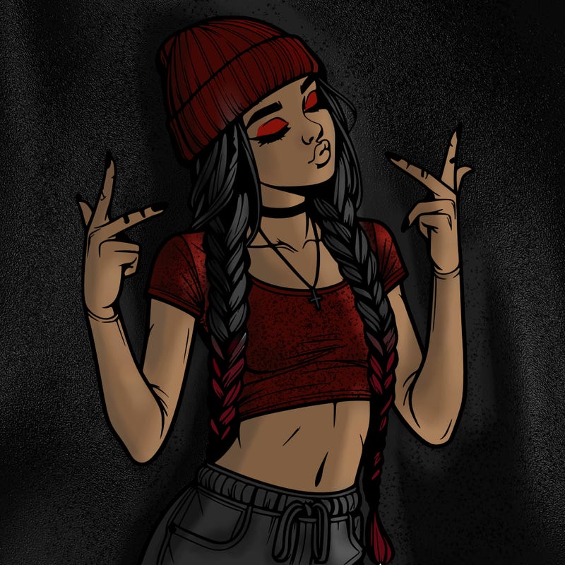 realistic teenage girl with braids and a beanie and crop top doing 🫶🏼