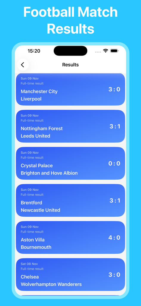 Footballify - Live Score808 - Footballify app screen displaying live match results and scores for various football teams