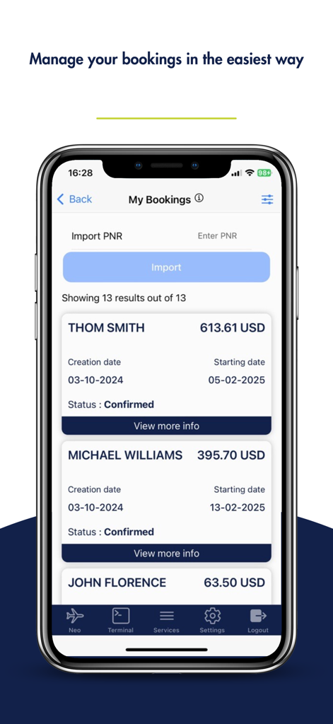 Travelport Mobile Agent app screen displaying a list of confirmed travel bookings with passenger names and prices