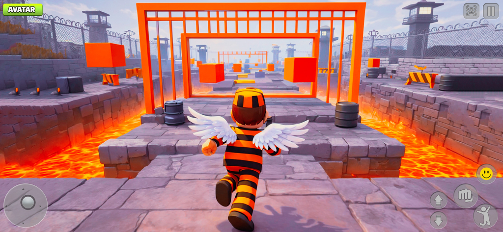 Urban Leap Parkour Run - A character with white wings runs through an urban obstacle course above glowing lava